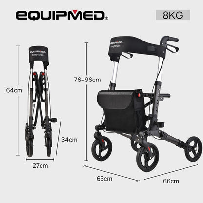 Hlpmedical EQUIPMED foldable aluminium walking frame rollator with seat and bag in titanium color, for mobility and support.