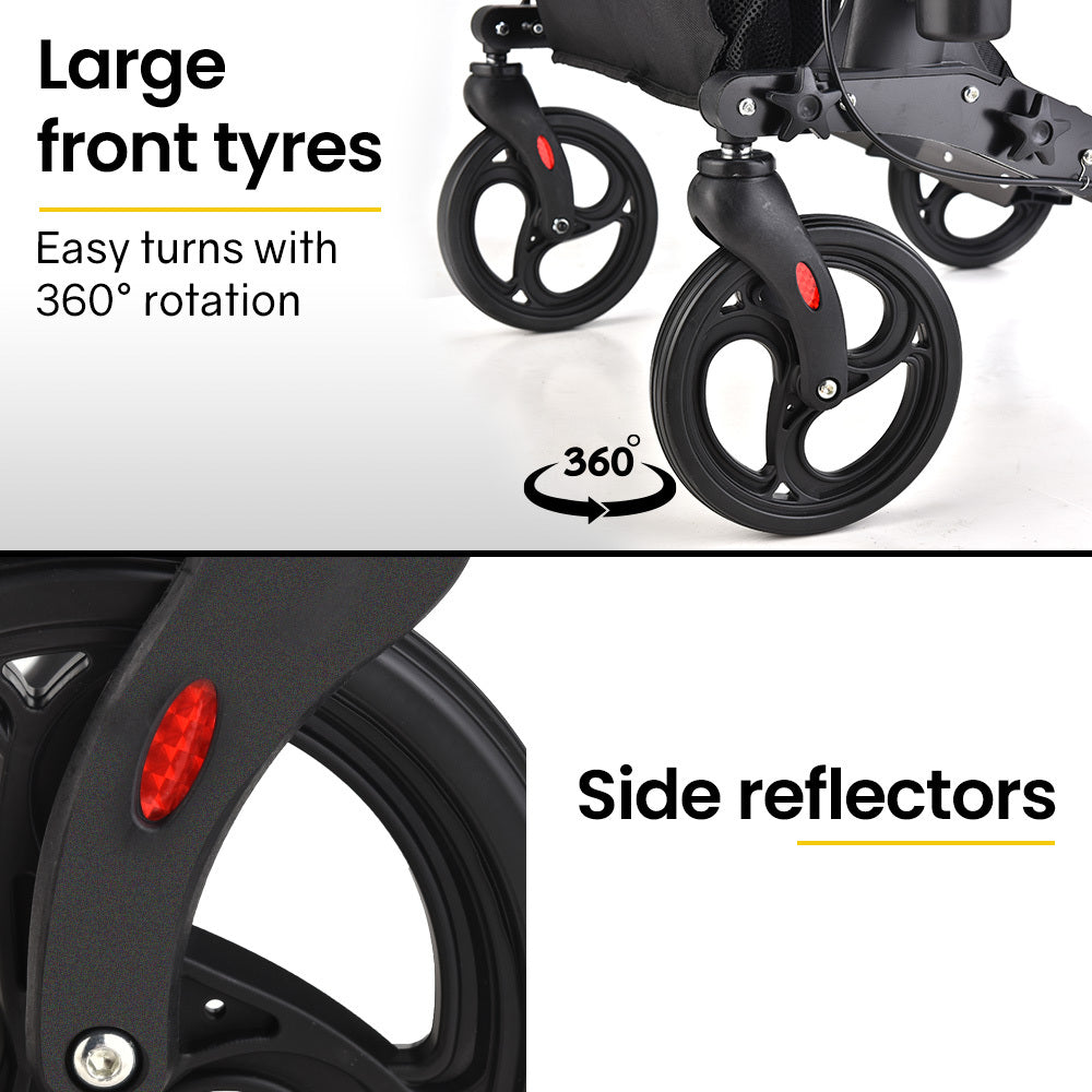 Hlpmedical EQUIPMED foldable aluminium walking frame rollator in titanium color with a seat and attached bag for mobility support.