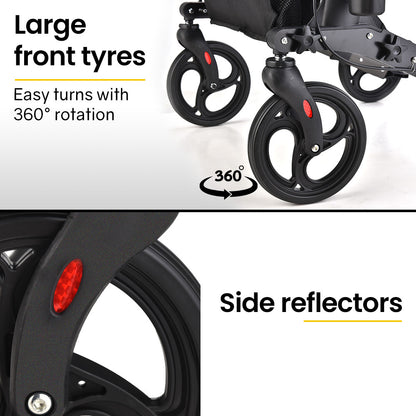 Hlpmedical EQUIPMED foldable aluminium walking frame rollator in titanium color with a seat and attached bag for mobility support.