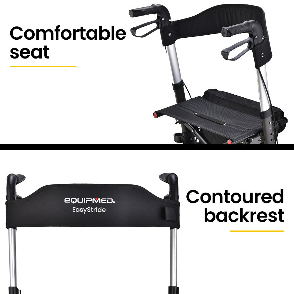 Hlpmedical EQUIPMED foldable aluminium walking frame rollator with seat and bag in titanium color, suitable for mobility assistance.