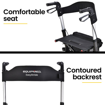 Hlpmedical EQUIPMED foldable aluminium walking frame rollator with seat and bag in titanium color, suitable for mobility assistance.