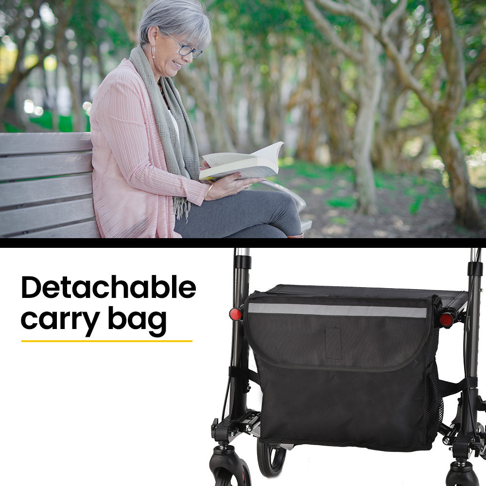 Hlpmedical EQUIPMED foldable aluminium walking frame rollator with adjustable seat, storage bag, in titanium color for mobility support.