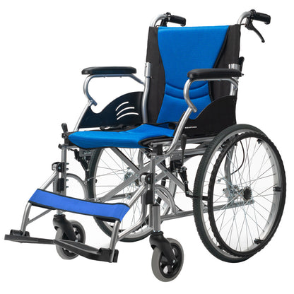 Blue EQUIPMED folding aluminium wheelchair with 20-inch wheels, park brakes, and 100kg capacity, designed for mobility and accessibility.