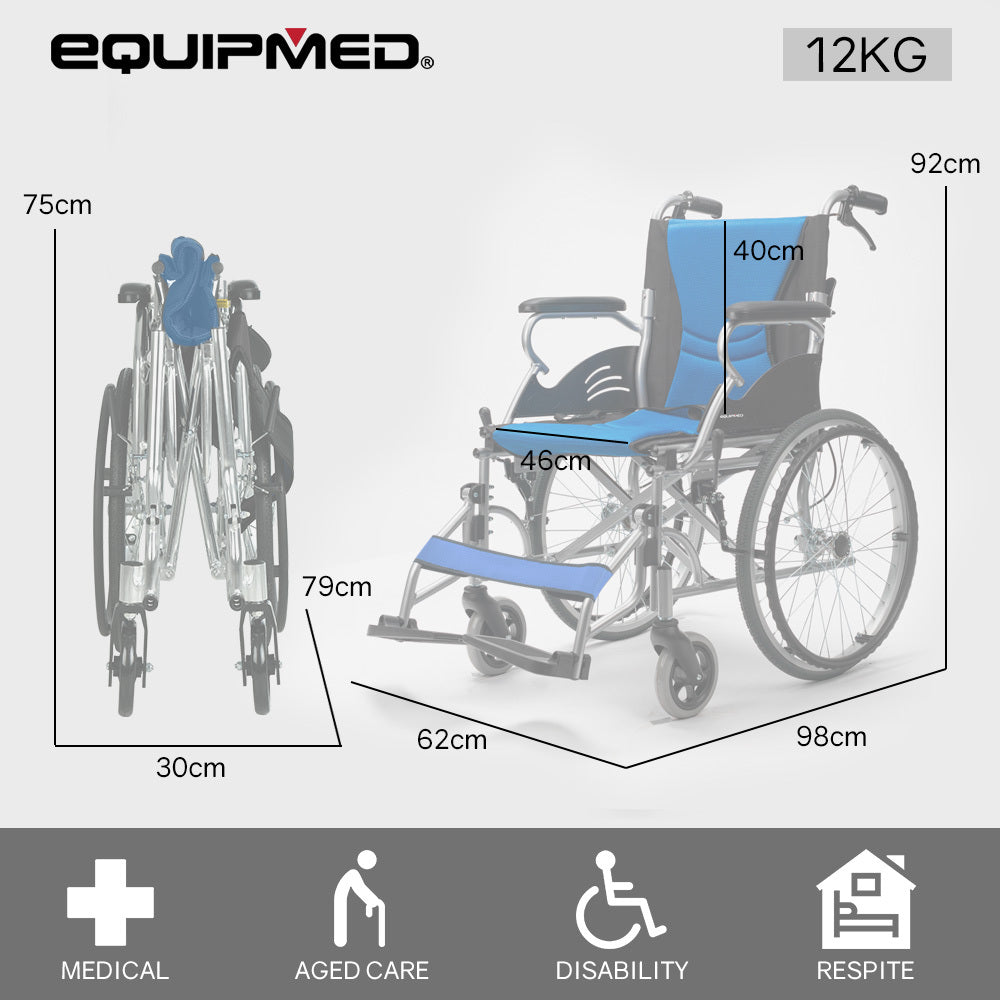 Blue EQUIPMED folding aluminium wheelchair with 20-inch wheels and park brakes, designed for up to 100kg weight capacity.