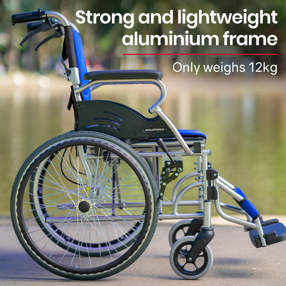 Blue EQUIPMED folding aluminium wheelchair with 20-inch wheels, park brakes, and a 100kg capacity, designed for mobility and accessibility.