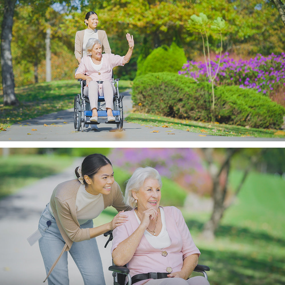 Blue EQUIPMED folding aluminium wheelchair with 20-inch wheels, park brakes, and 100kg capacity, designed for mobility and accessibility.
