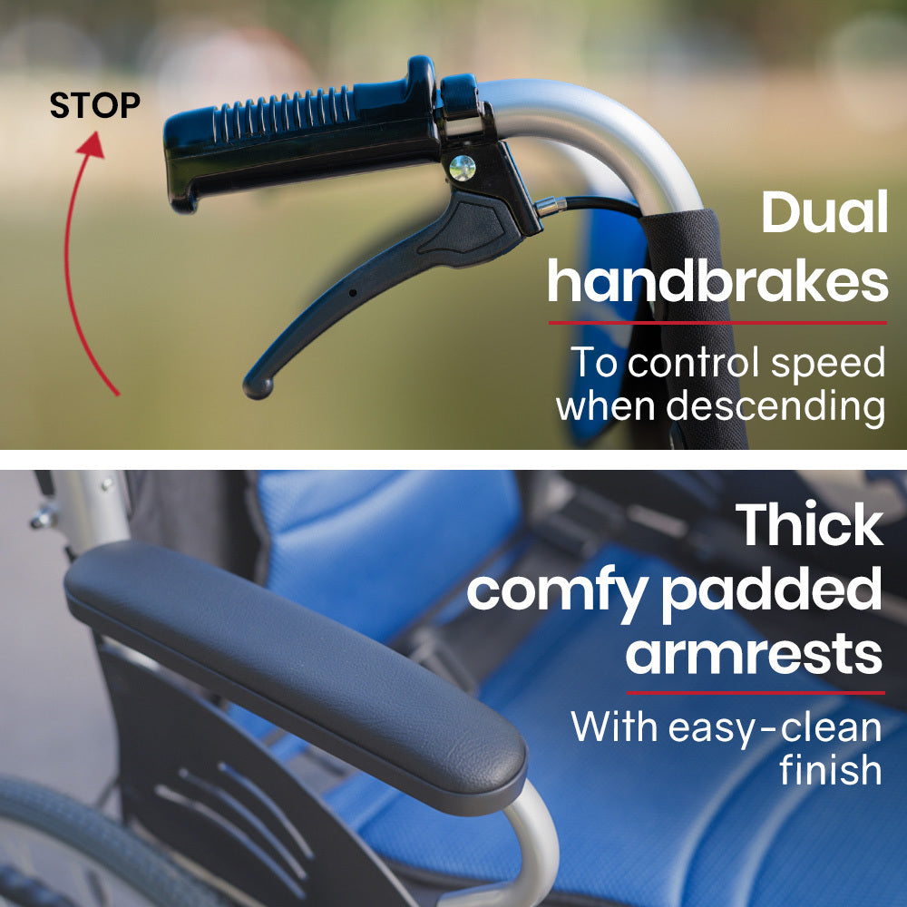 Blue EQUIPMED folding aluminium wheelchair with 20-inch wheels, park brakes, and 100kg capacity, designed for mobility and accessibility.