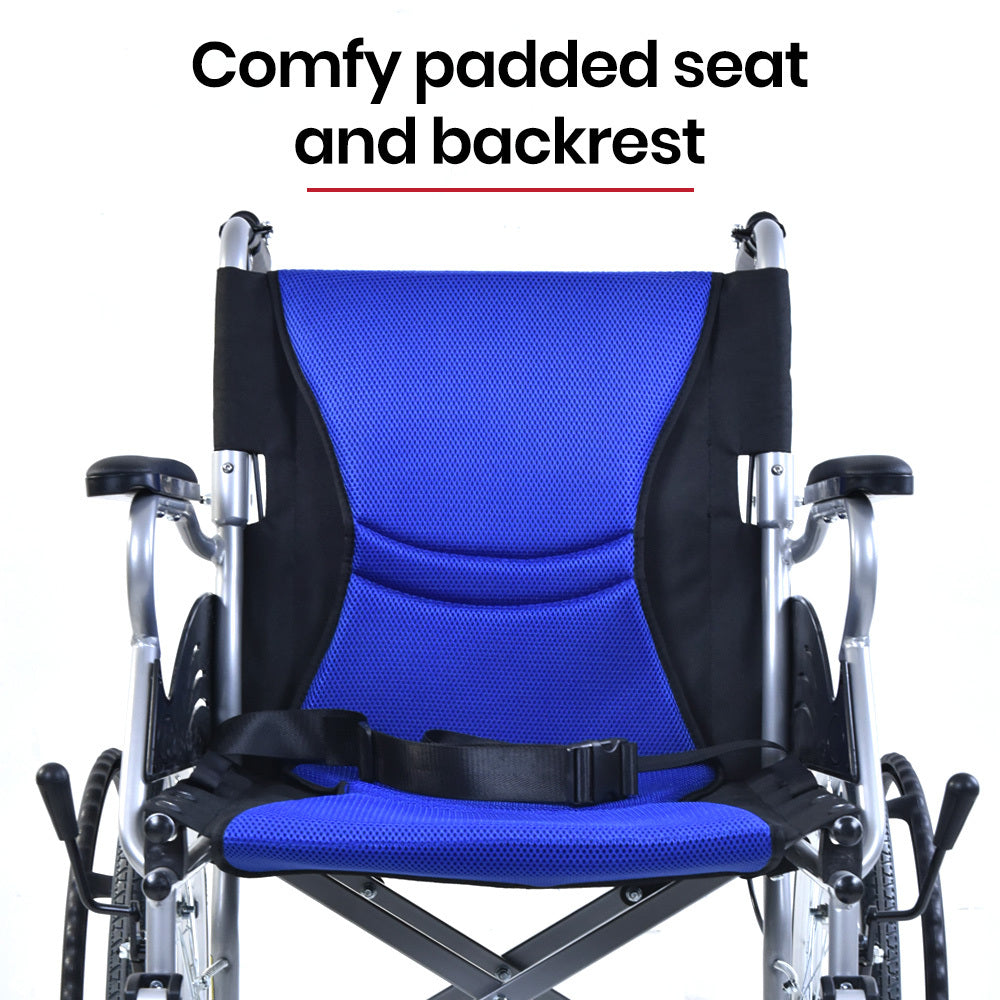 Blue EQUIPMED folding aluminium wheelchair with 20-inch wheels and park brakes, designed for mobility and accessibility.