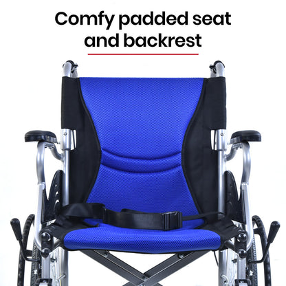 Blue EQUIPMED folding aluminium wheelchair with 20-inch wheels and park brakes, designed for mobility and accessibility.