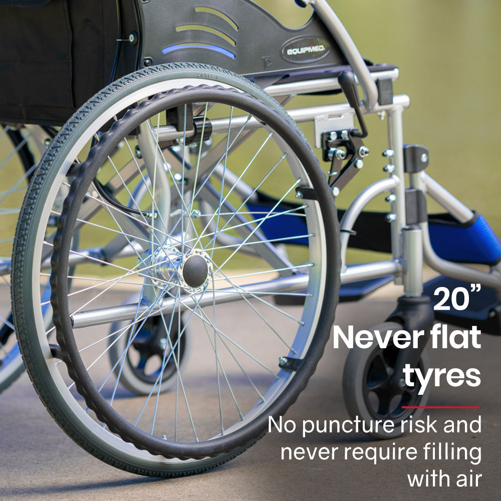 Blue EQUIPMED folding aluminium wheelchair with 20-inch wheels, park brakes, and 100kg capacity, designed for easy mobility.