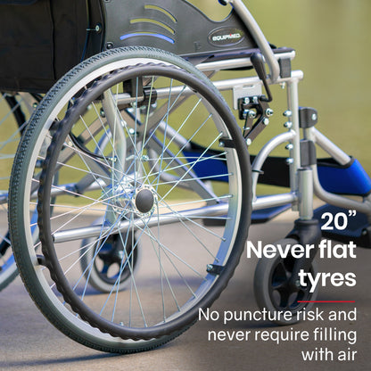 Blue EQUIPMED folding aluminium wheelchair with 20-inch wheels, park brakes, and 100kg capacity, designed for easy mobility.