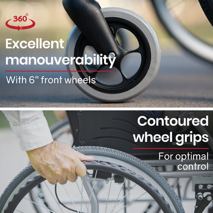 Blue EQUIPMED folding aluminium wheelchair with 20-inch wheels, park brakes, and 100kg capacity, designed for mobility and accessibility.