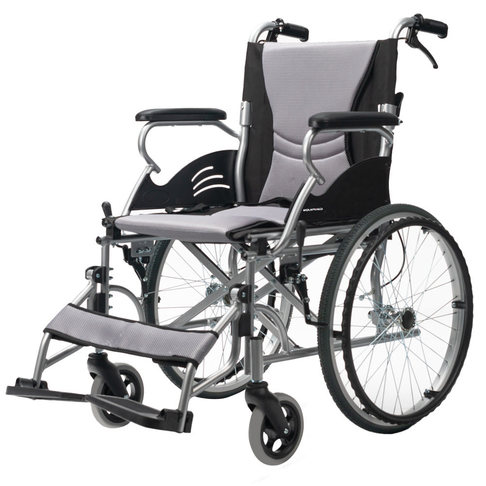 Hlpmedical EQUIPMED folding aluminium wheelchair with 20-inch wheels, park brakes, grey and black design, supports up to 100kg.
