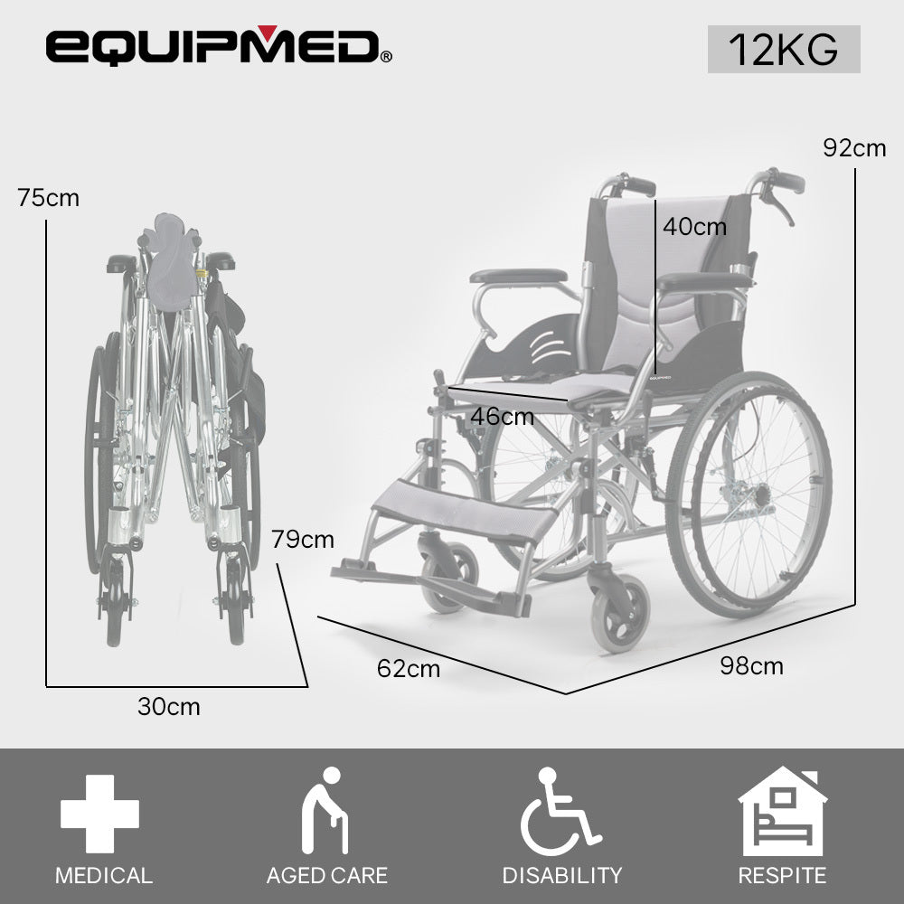 Hlpmedical EQUIPMED folding aluminium wheelchair with 20-inch wheels, park brakes, grey and black color, supporting up to 100kg.