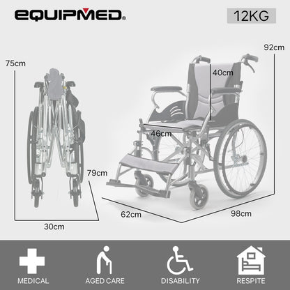 Hlpmedical EQUIPMED folding aluminium wheelchair with 20-inch wheels, park brakes, grey and black color, supporting up to 100kg.