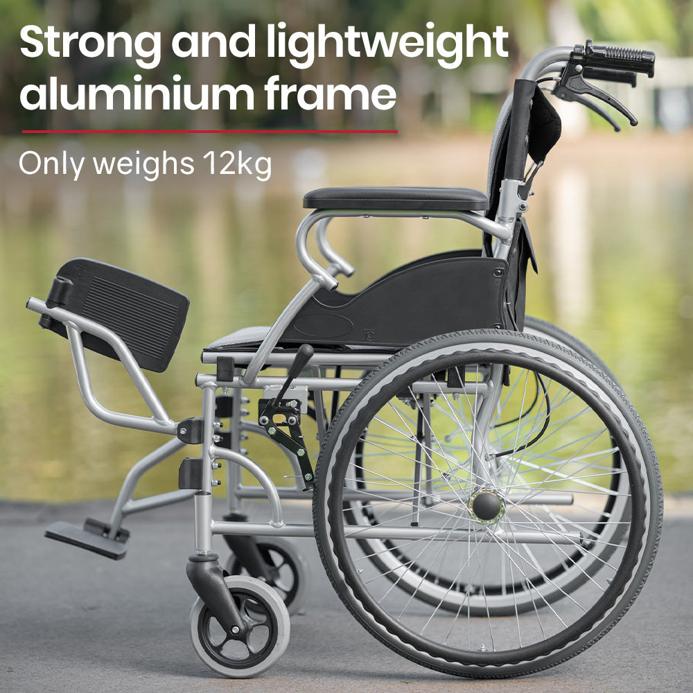 Hlpmedical EQUIPMED folding aluminium wheelchair with 20-inch wheels, park brakes, grey and black design, suitable for 100kg capacity.