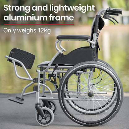 Hlpmedical EQUIPMED folding aluminium wheelchair with 20-inch wheels, park brakes, grey and black design, suitable for 100kg capacity.
