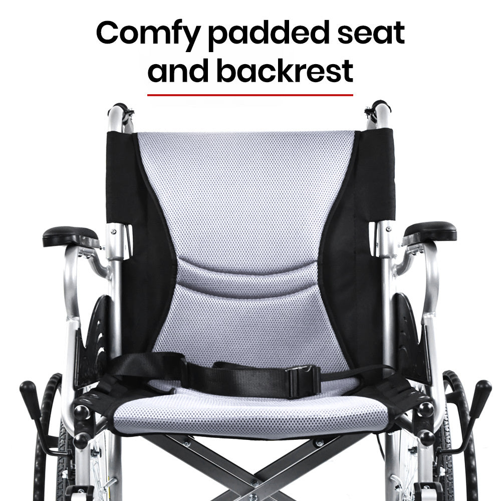 Hlpmedical EQUIPMED folding aluminium wheelchair with 20-inch wheels, park brakes, grey and black frame, suitable for 100kg capacity.
