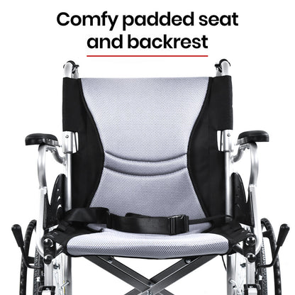 Hlpmedical EQUIPMED folding aluminium wheelchair with 20-inch wheels, park brakes, grey and black frame, suitable for 100kg capacity.