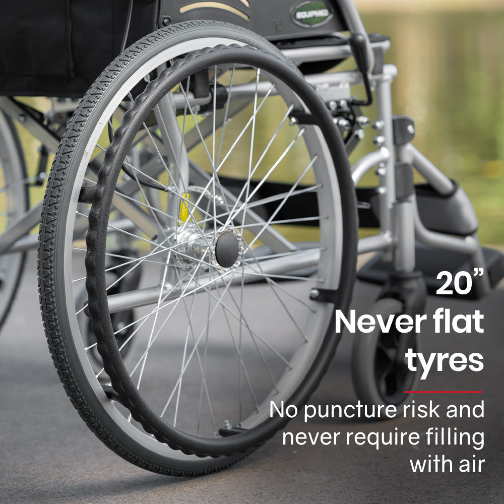 Gray and black EQUIPMED folding aluminium wheelchair with 20-inch wheels, park brakes, and 100kg capacity for mobility assistance.