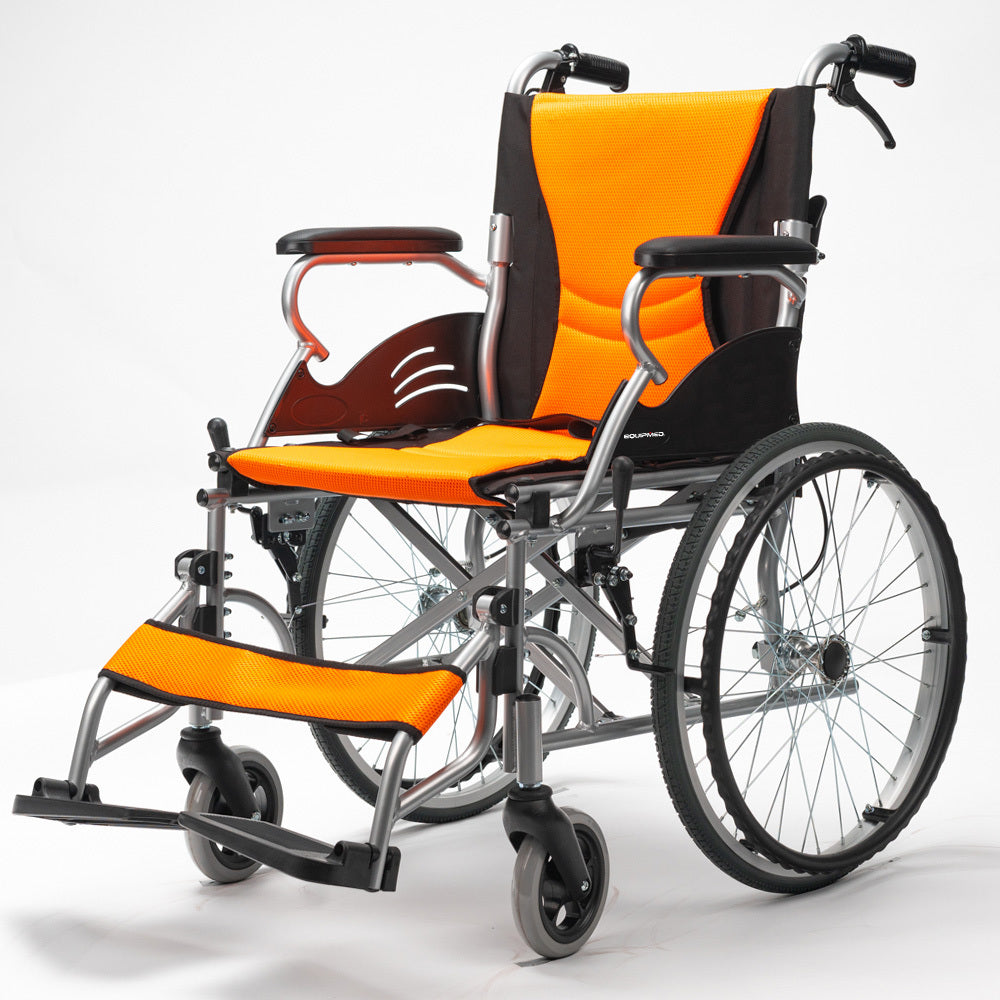 Orange EQUIPMED folding aluminium wheelchair with 20-inch wheels and park brakes, designed for mobility and accessibility.