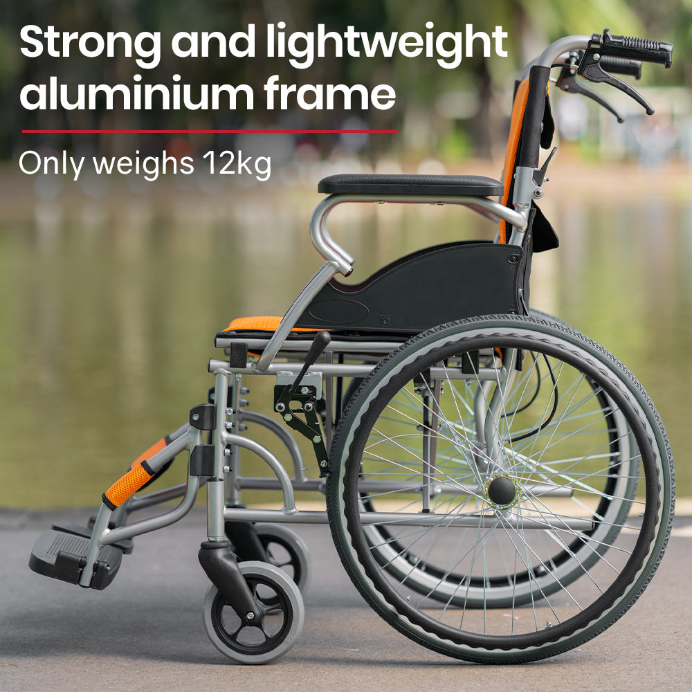 Orange EQUIPMED Folding Aluminium Wheelchair with 20-inch wheels and park brakes, designed for mobility and accessibility.