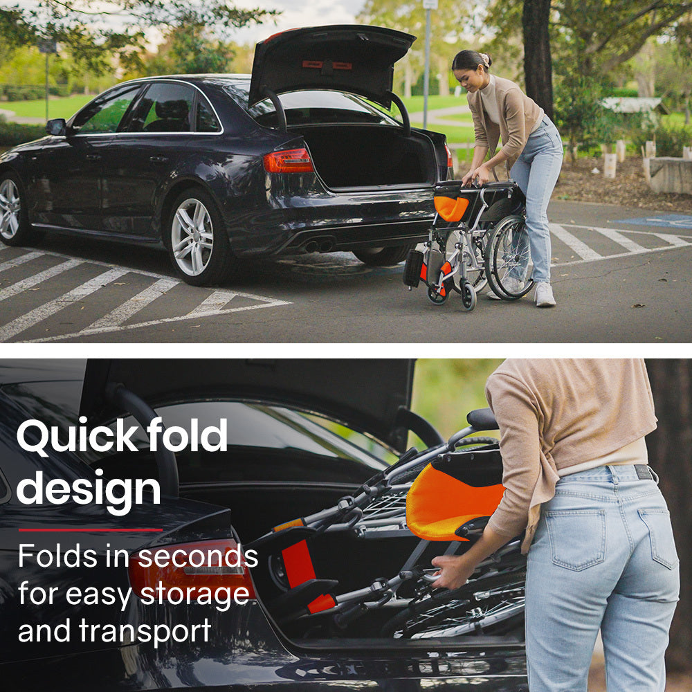 Orange EQUIPMED folding aluminium wheelchair with 20-inch wheels, park brakes, and 100kg weight capacity for mobility and accessibility.
