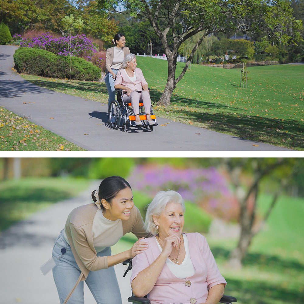 Orange EQUIPMED folding aluminium wheelchair with 20-inch wheels, park brakes, and 100kg capacity, designed for mobility and accessibility.