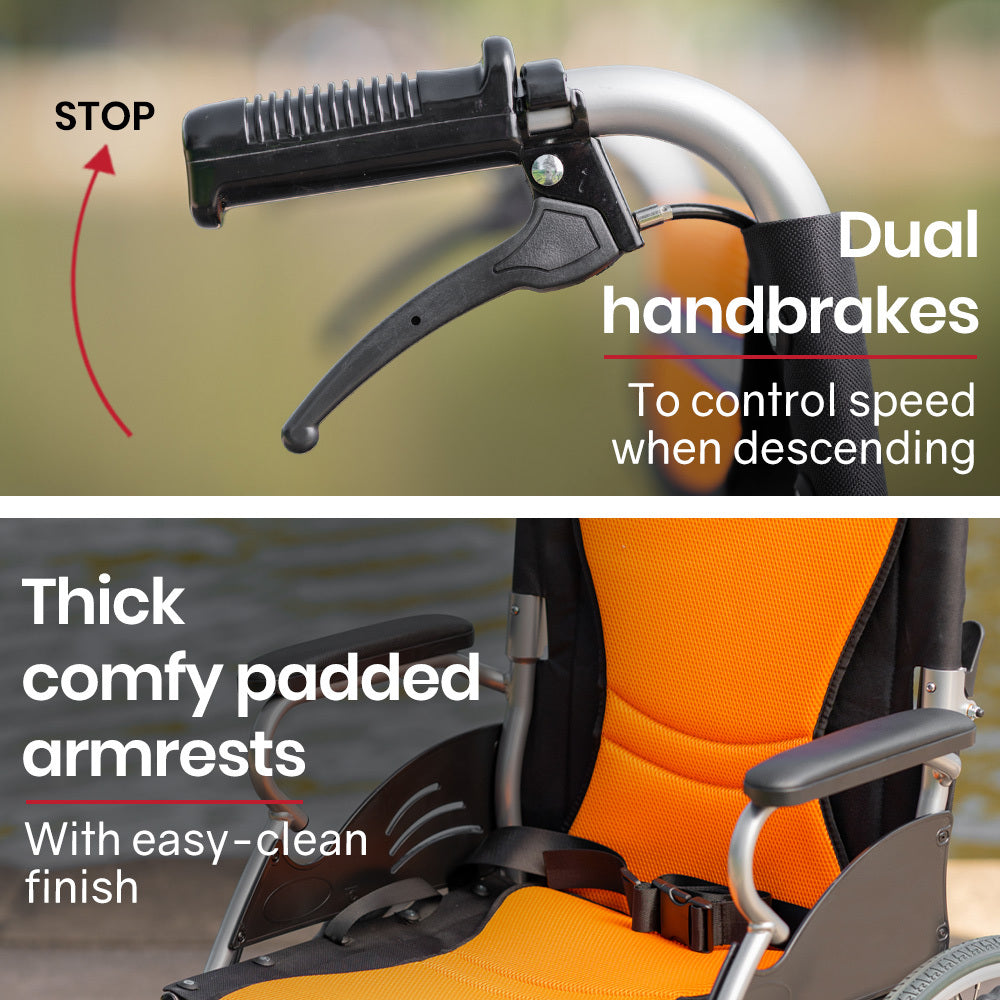 Orange EQUIPMED folding aluminium wheelchair with 20-inch wheels, park brakes, and 100kg capacity, designed for mobility and accessibility.