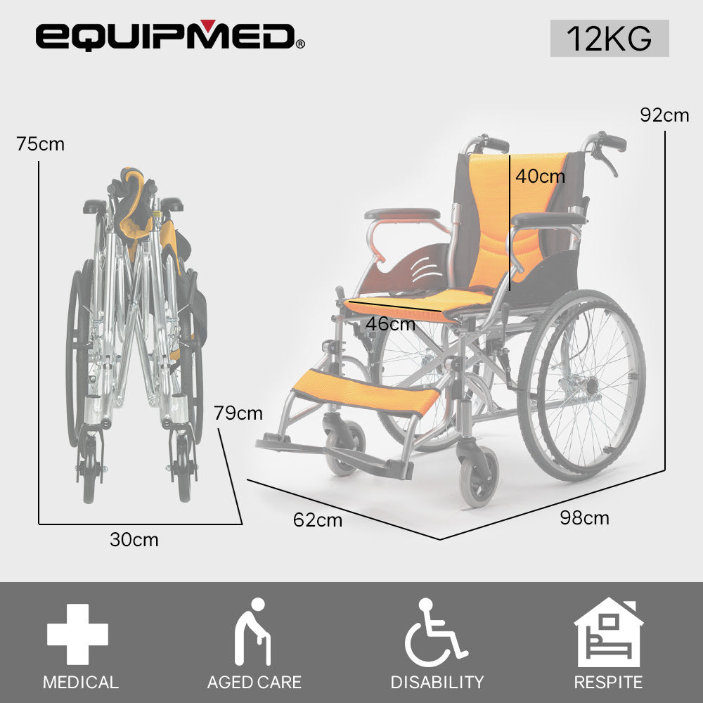 Orange EQUIPMED folding aluminium wheelchair with 20-inch wheels, park brakes, and 100kg capacity for mobility and accessibility.
