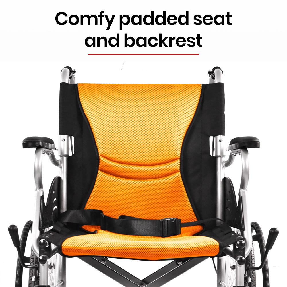 Orange EQUIPMED folding aluminium wheelchair with 20-inch wheels, park brakes, designed for 100kg capacity, suitable for mobility needs.