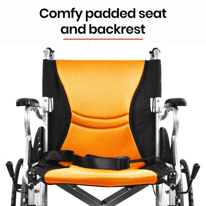 Orange EQUIPMED folding aluminium wheelchair with 20-inch wheels, park brakes, designed for 100kg capacity, suitable for mobility needs.