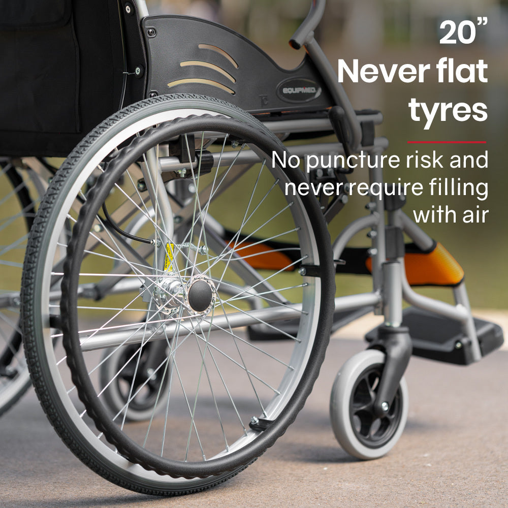 Orange EQUIPMED folding aluminium wheelchair with 20-inch wheels and park brakes, suitable for up to 100kg capacity.