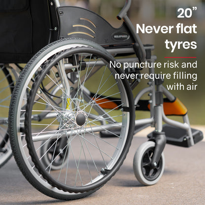 Orange EQUIPMED folding aluminium wheelchair with 20-inch wheels and park brakes, suitable for up to 100kg capacity.