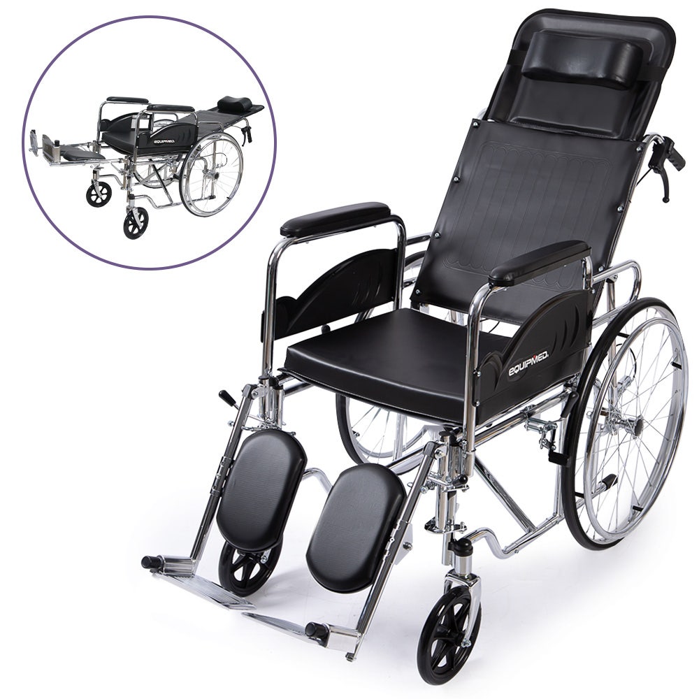 Equipmed folding manual reclining wheelchair with 24-inch rear wheels, chrome steel frame, 46cm seat, and park brakes.