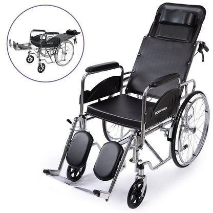 Equipmed folding manual reclining wheelchair with 24-inch rear wheels, chrome steel frame, 46cm seat, and park brakes.