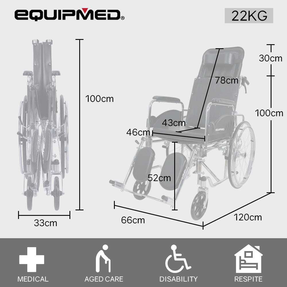 Equipmed folding manual reclining wheelchair with 24-inch rear wheels, chrome steel frame, 46cm wide seat, and park brakes.