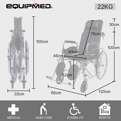 Equipmed folding manual reclining wheelchair with 24-inch rear wheels, chrome steel frame, 46cm wide seat, and park brakes.