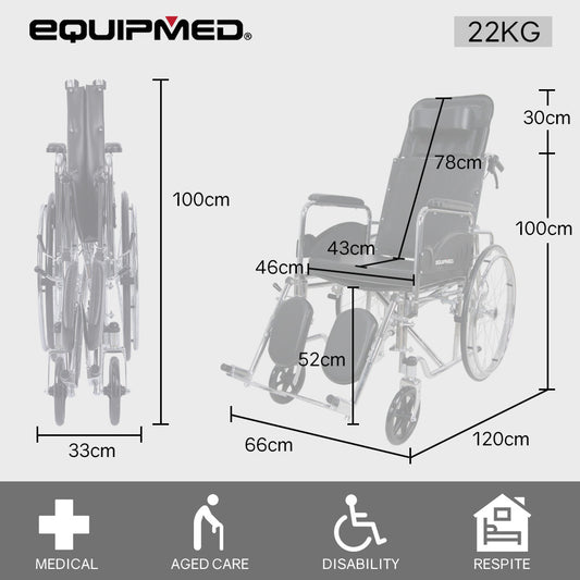 Equipmed folding manual reclining wheelchair with 24-inch rear wheels, chrome steel frame, 46cm wide seat, and park brakes.