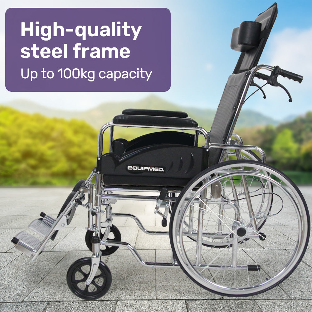Equipmed folding manual reclining wheelchair with 24-inch rear wheels, chrome steel frame, 46cm seat, and park brakes.