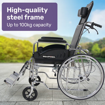 Equipmed folding manual reclining wheelchair with 24-inch rear wheels, chrome steel frame, 46cm seat, and park brakes.