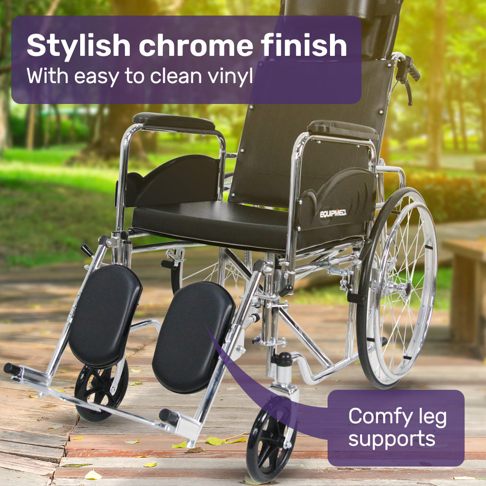 Equipmed folding manual reclining wheelchair with 24-inch rear wheels, chrome steel frame, 46cm seat, and park brakes.