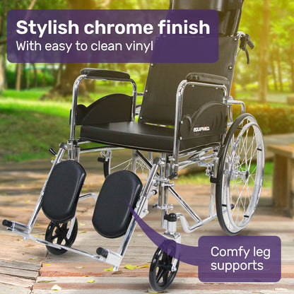 Equipmed folding manual reclining wheelchair with 24-inch rear wheels, chrome steel frame, 46cm seat, and park brakes.