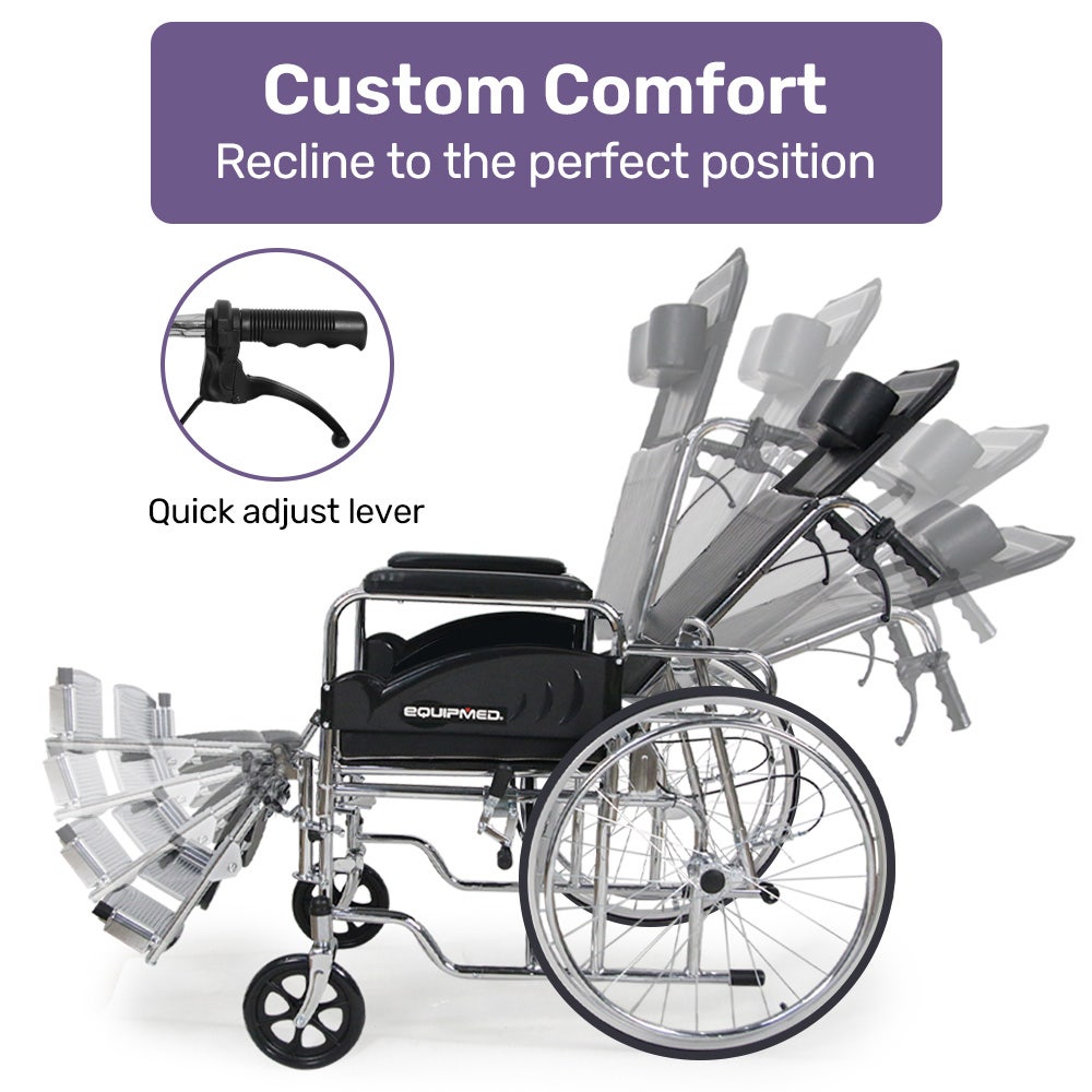 Equipmed folding manual reclining wheelchair with 24-inch rear wheels, chrome steel frame, 46cm seat, and park brakes.