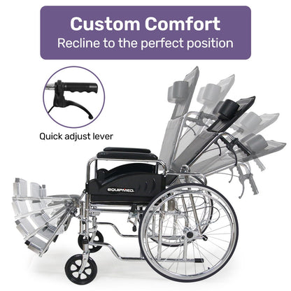 Equipmed folding manual reclining wheelchair with 24-inch rear wheels, chrome steel frame, 46cm seat, and park brakes.
