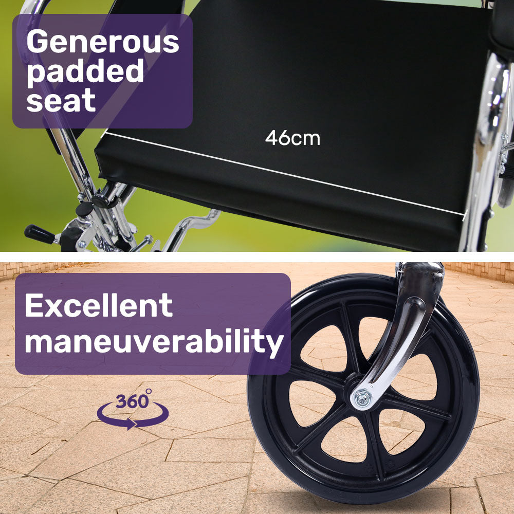 Hlpmedical Equipmed folding manual reclining wheelchair with 24-inch rear wheels, chrome steel frame, 46cm wide seat, and park brakes.