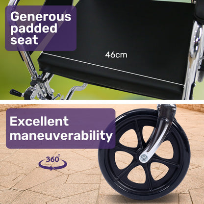 Hlpmedical Equipmed folding manual reclining wheelchair with 24-inch rear wheels, chrome steel frame, 46cm wide seat, and park brakes.