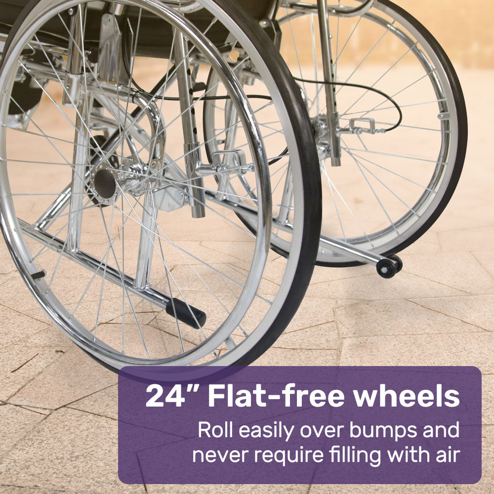 Equipmed folding manual reclining wheelchair with 24-inch rear wheels, chrome steel frame, 46cm seat, and park brakes.