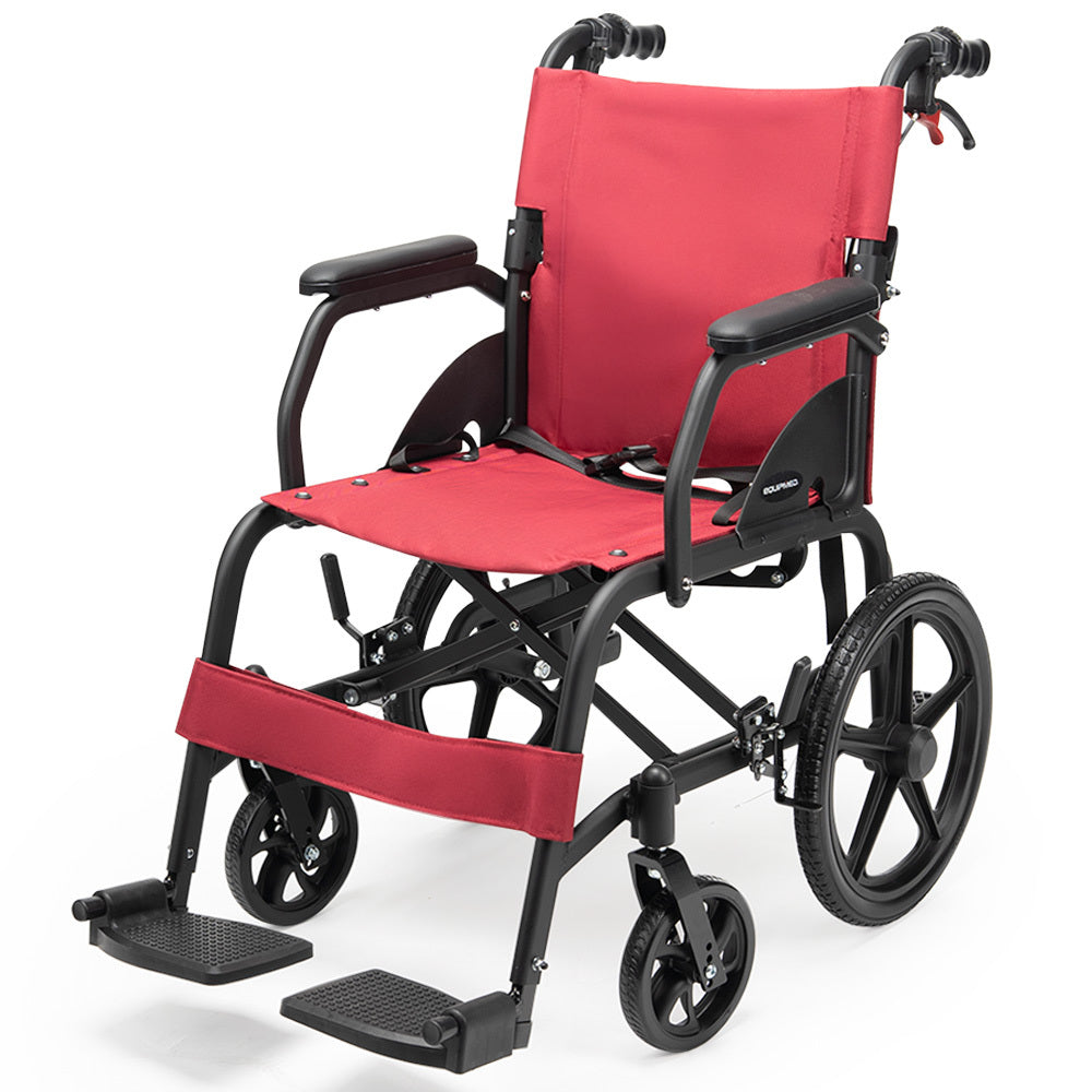 Equipmed folding transit wheelchair by Hlpmedical, lightweight aluminum frame in crimson red for easy transport and mobility assistance.