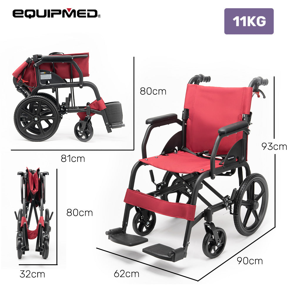Equipmed lightweight aluminium folding transit wheelchair in crimson red, designed for easy transport and mobility assistance.